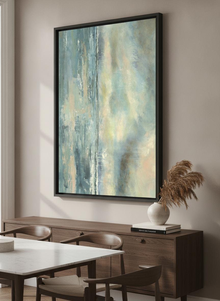 Wall art styled above a dining table in a contemporary home