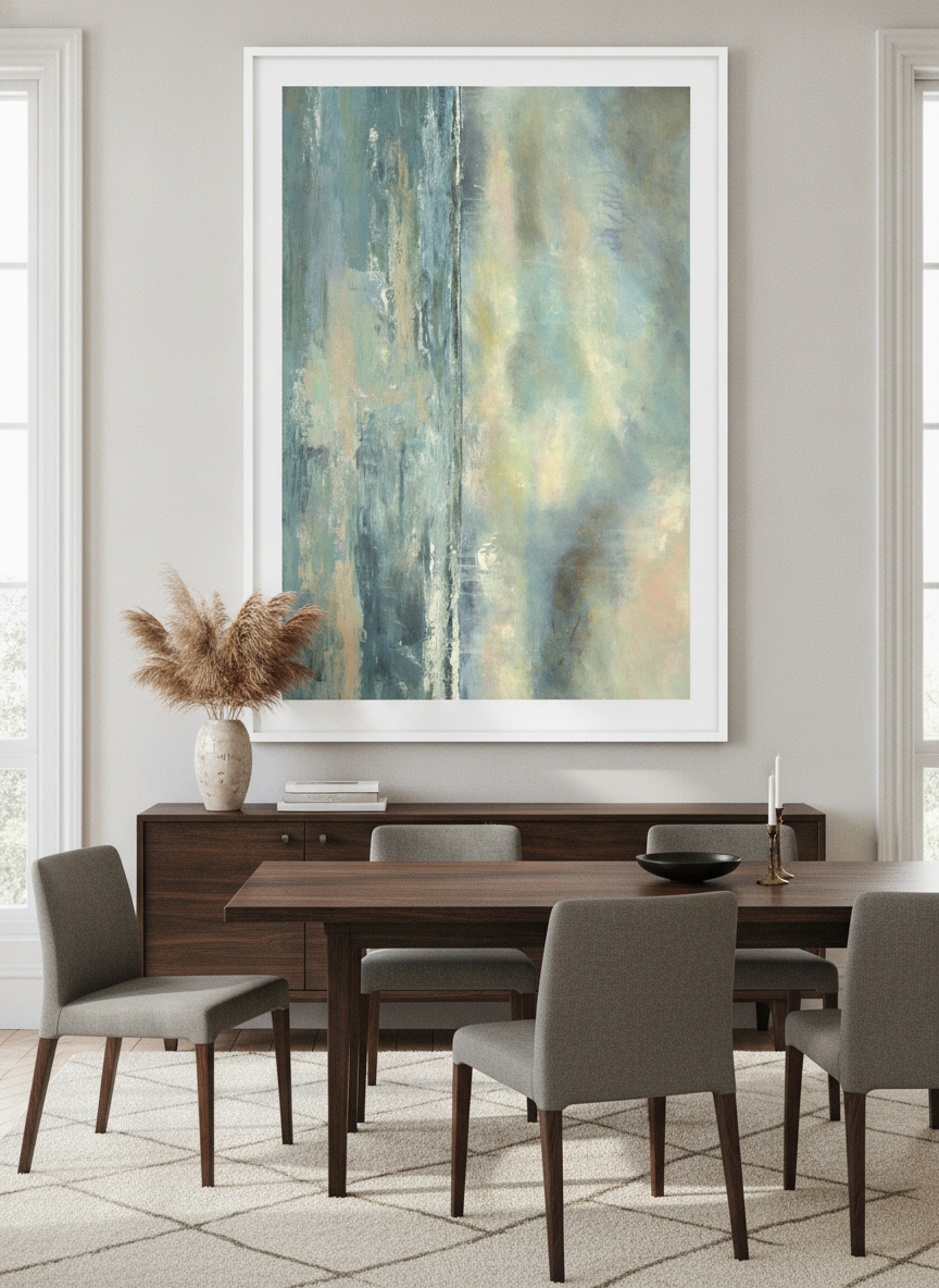 Monumental artwork centred on a feature wall in a luxe interior