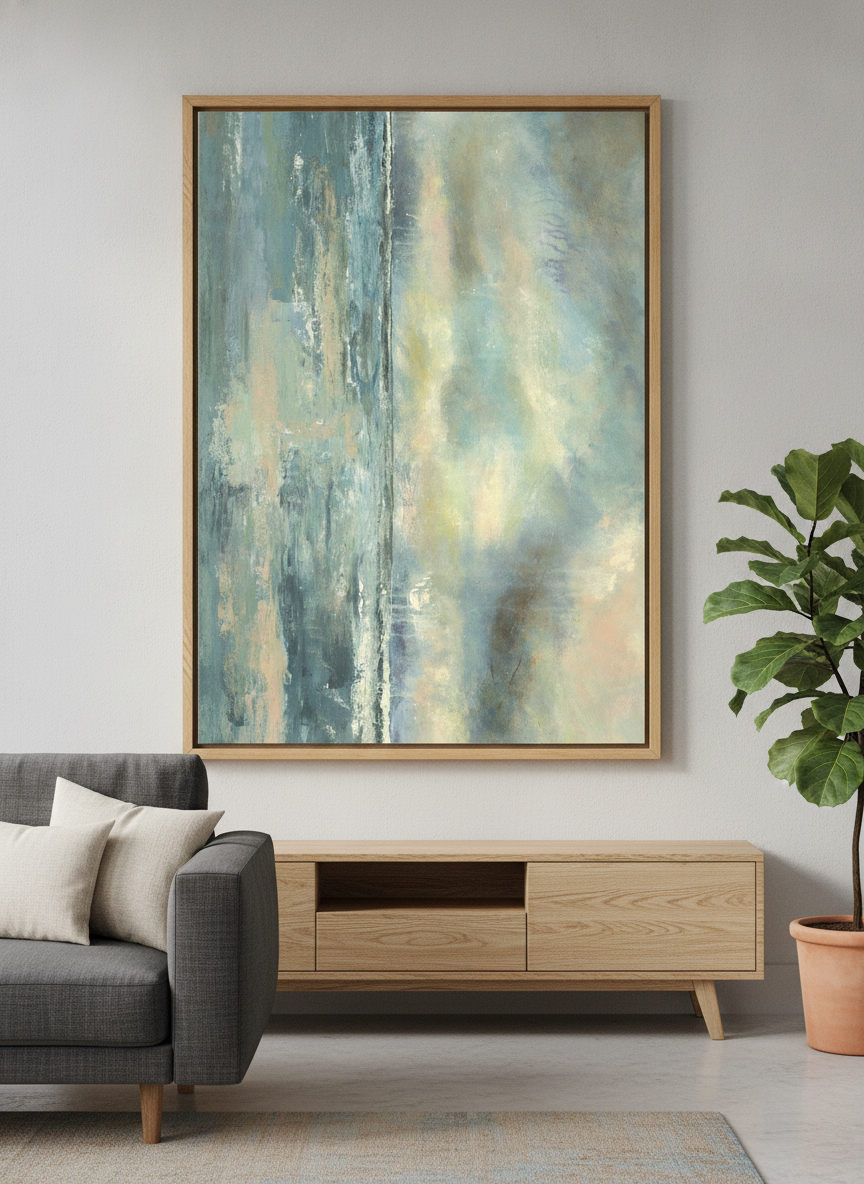 Modern wall art styled above a sofa in a neutral living room
