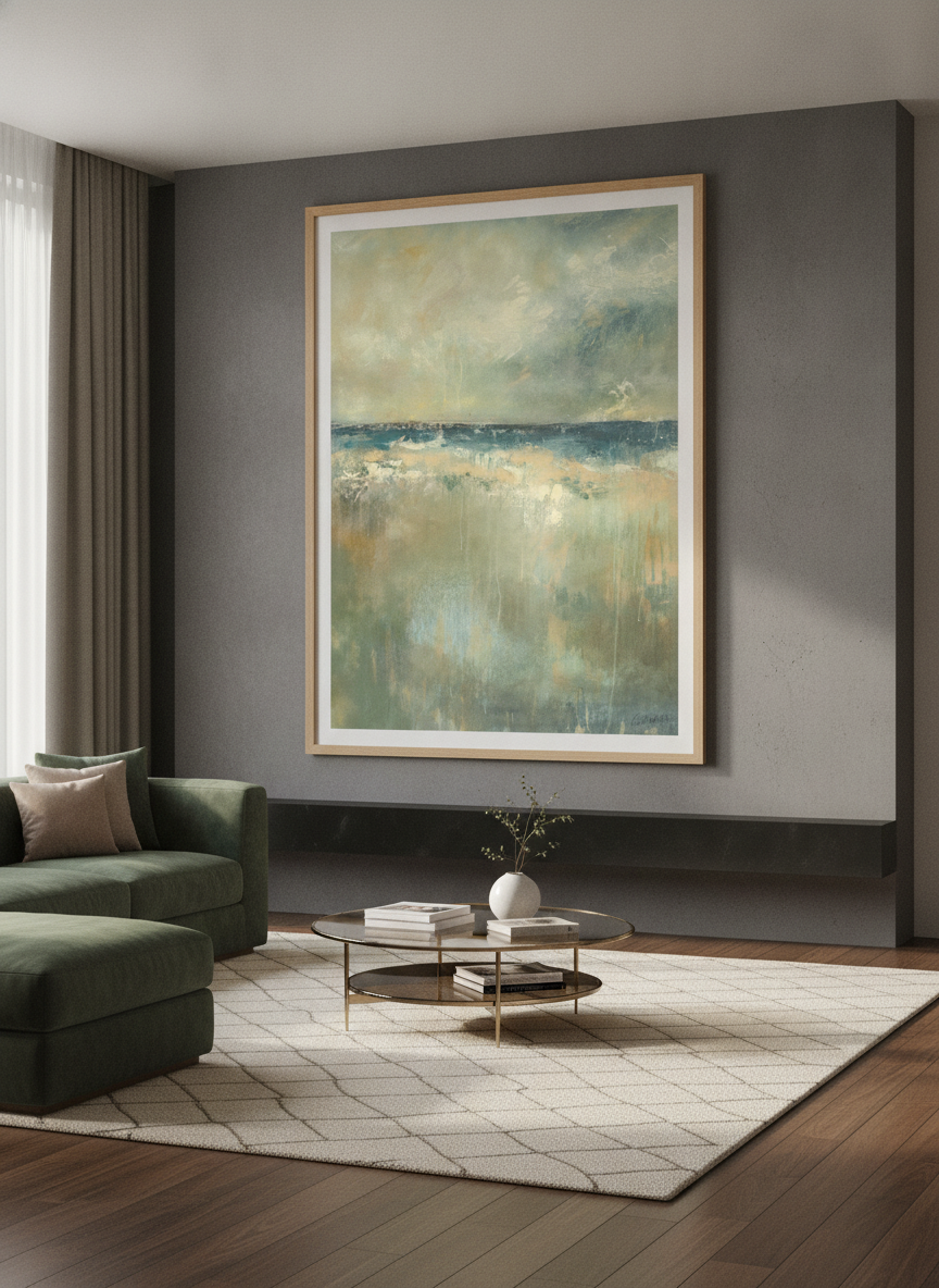Monumental artwork centred on a feature wall in a luxe interior
