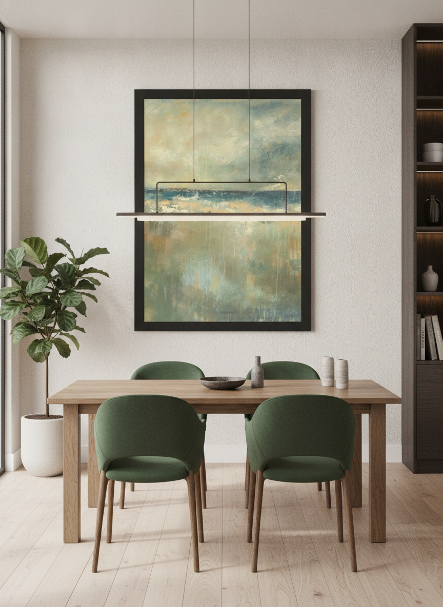 Wall art styled above a dining table in a contemporary home