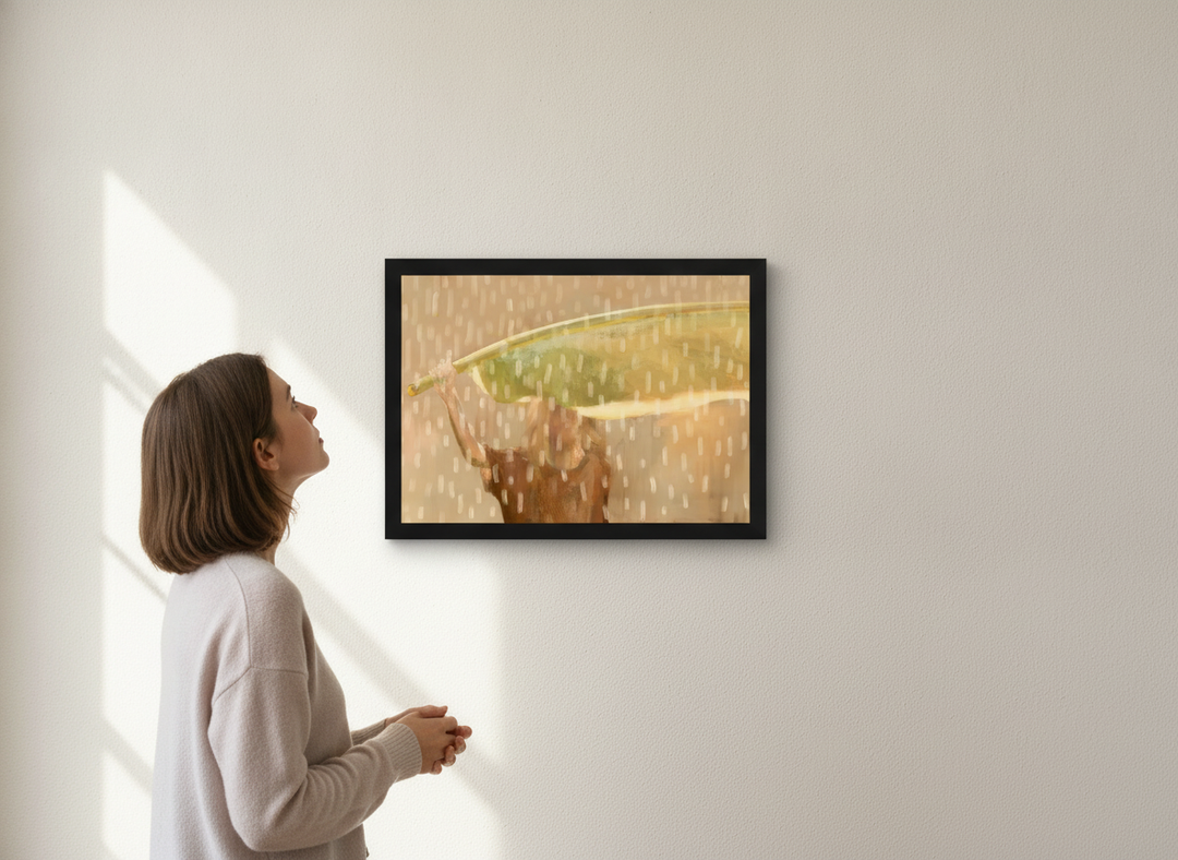 Person showcasing the artwork against a clean modern interior wall