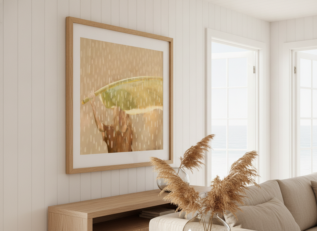Neutral wall art displayed in a sunny coastal beach house