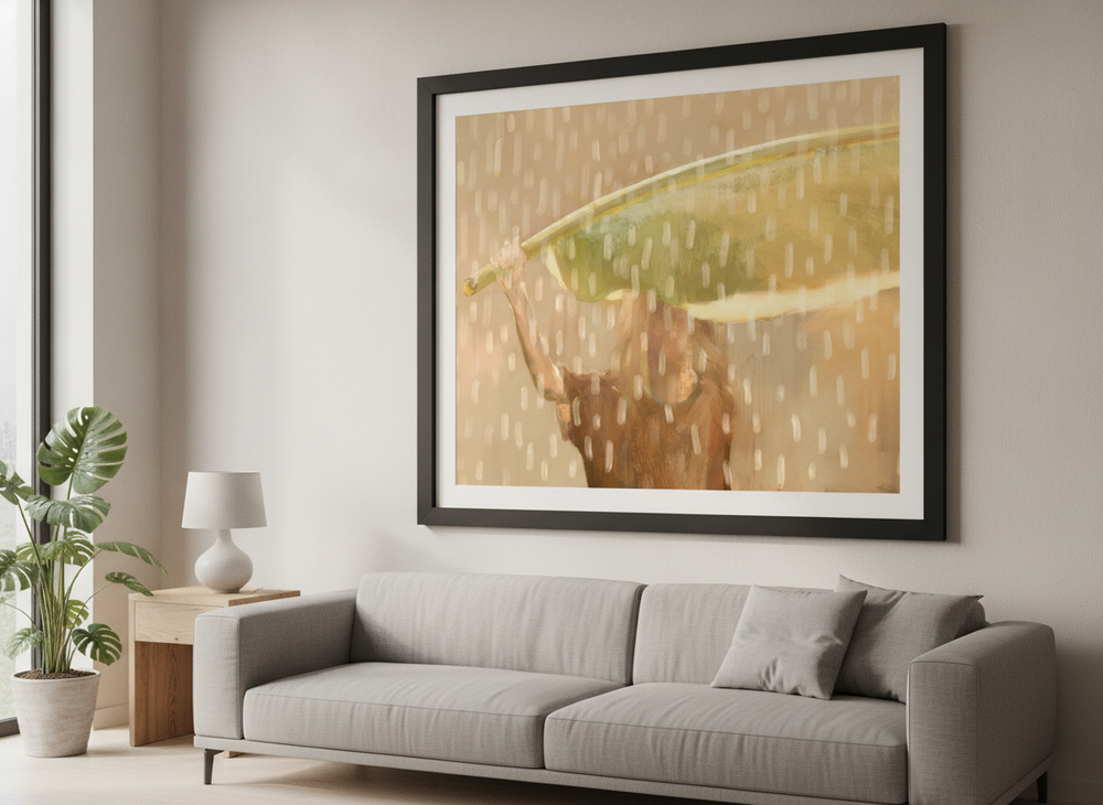 Modern wall art styled above a sofa in a neutral living room