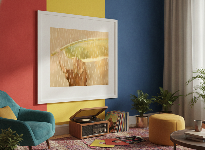 Bold wall art styled in a colourful, eclectic modern home