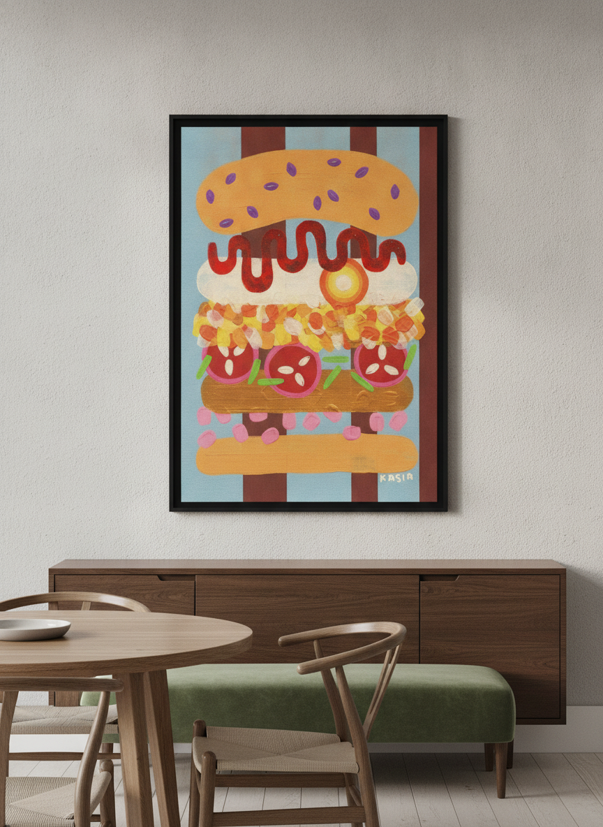 Wall art styled above a dining table in a contemporary home