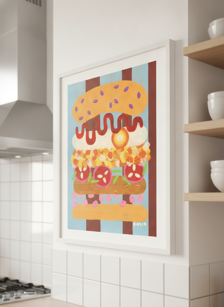 Artwork styled on the wall of a bright modern kitchen