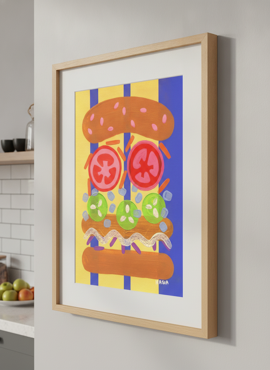 Artwork styled on the wall of a bright modern kitchen