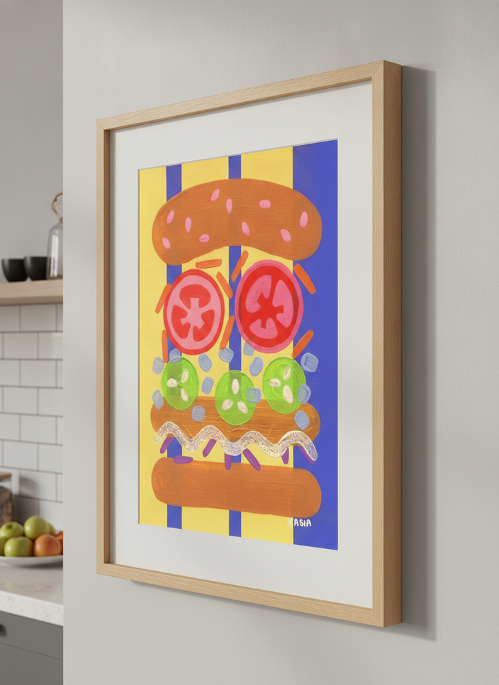 Artwork styled on the wall of a bright modern kitchen