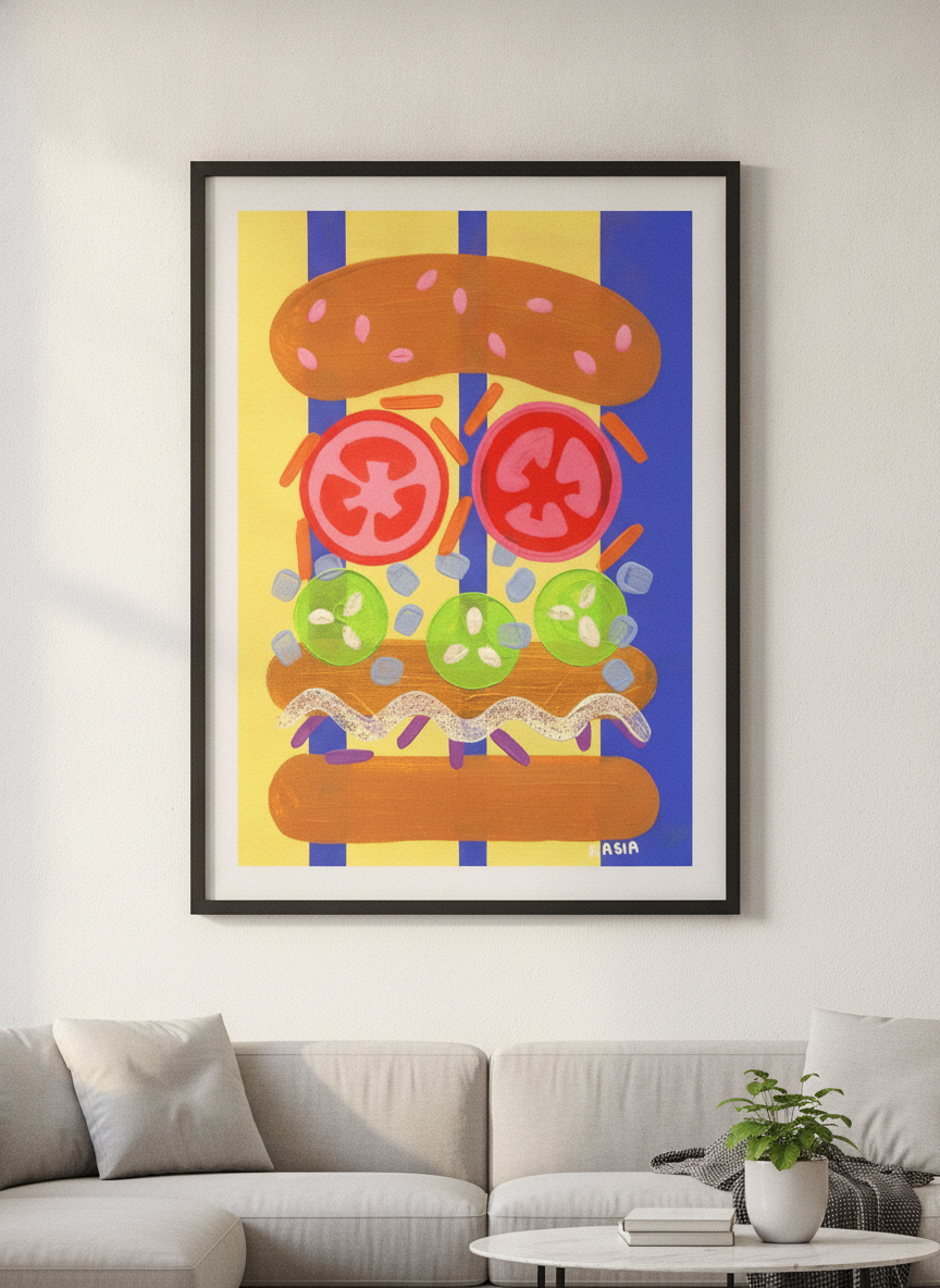 Modern wall art styled above a sofa in a neutral living room