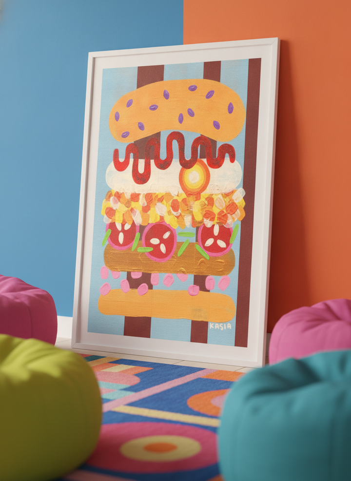 Bold wall art styled in a colourful, eclectic modern home