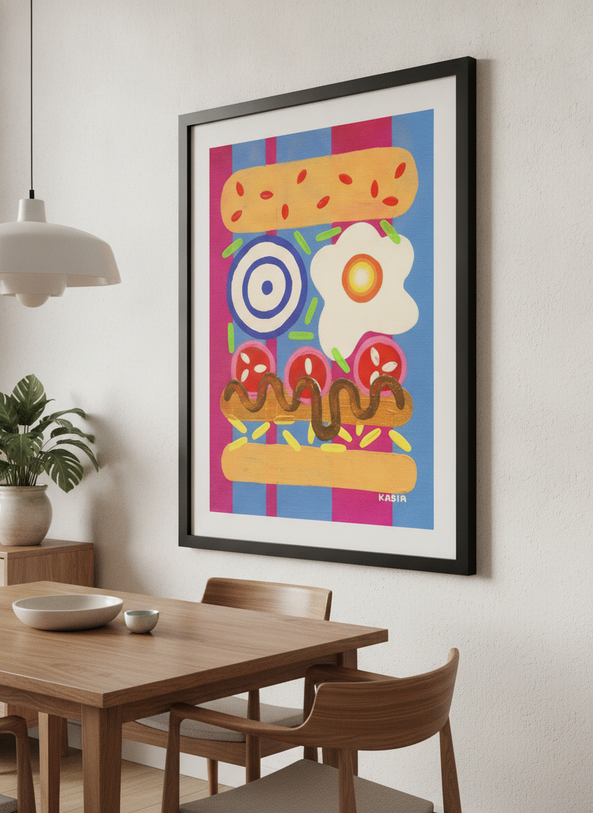 Wall art styled above a dining table in a contemporary home