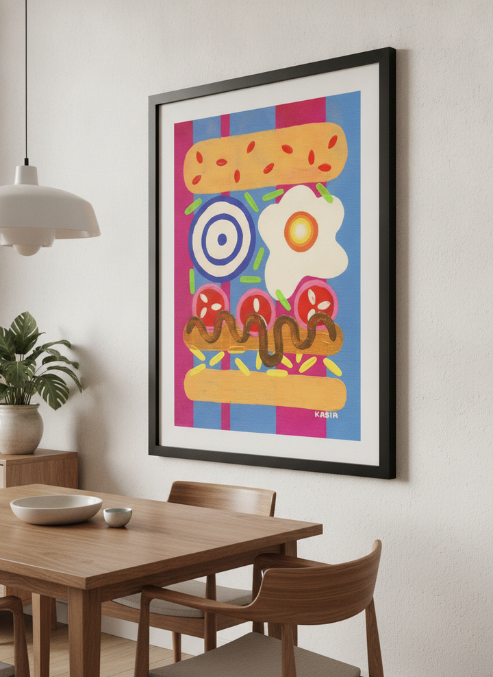 Wall art styled above a dining table in a contemporary home