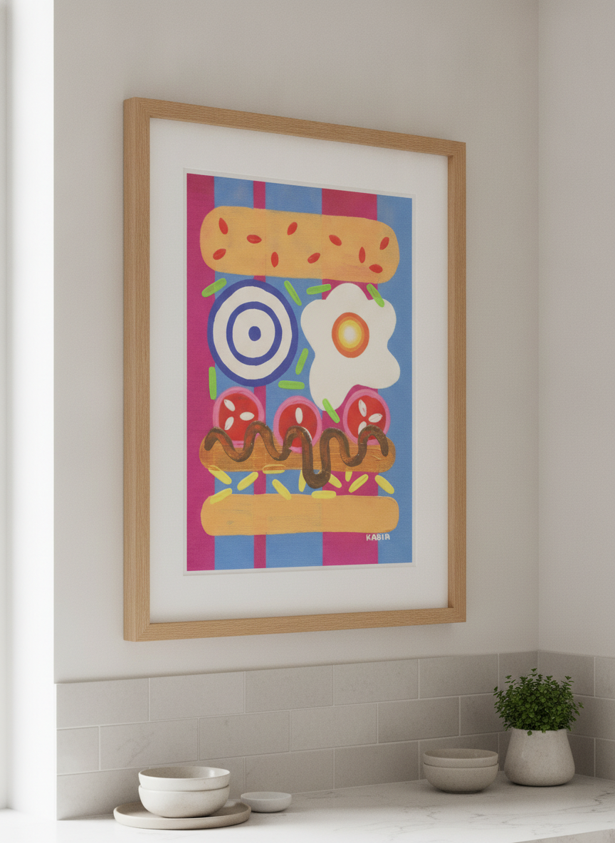 Artwork styled on the wall of a bright modern kitchen