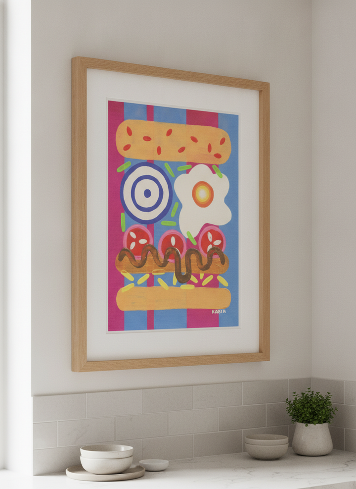 Artwork styled on the wall of a bright modern kitchen