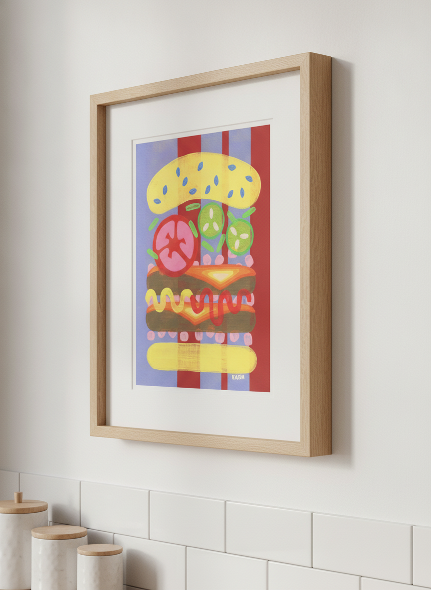 Artwork styled on the wall of a bright modern kitchen