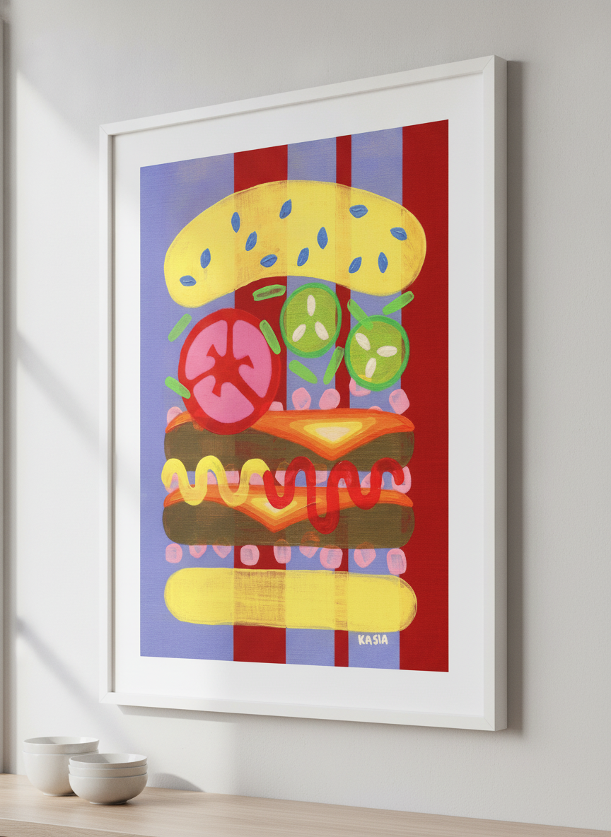 Artwork styled on the wall of a bright modern kitchen