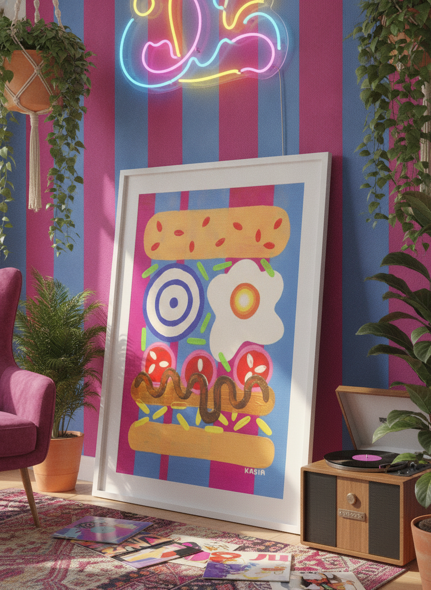 Bold wall art styled in a colourful, eclectic modern home