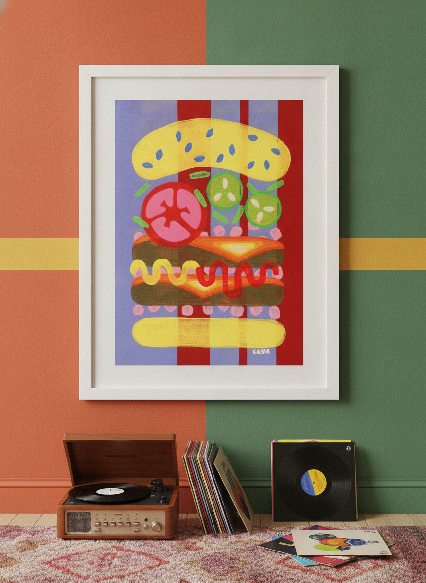 Bold wall art styled in a colourful, eclectic modern home