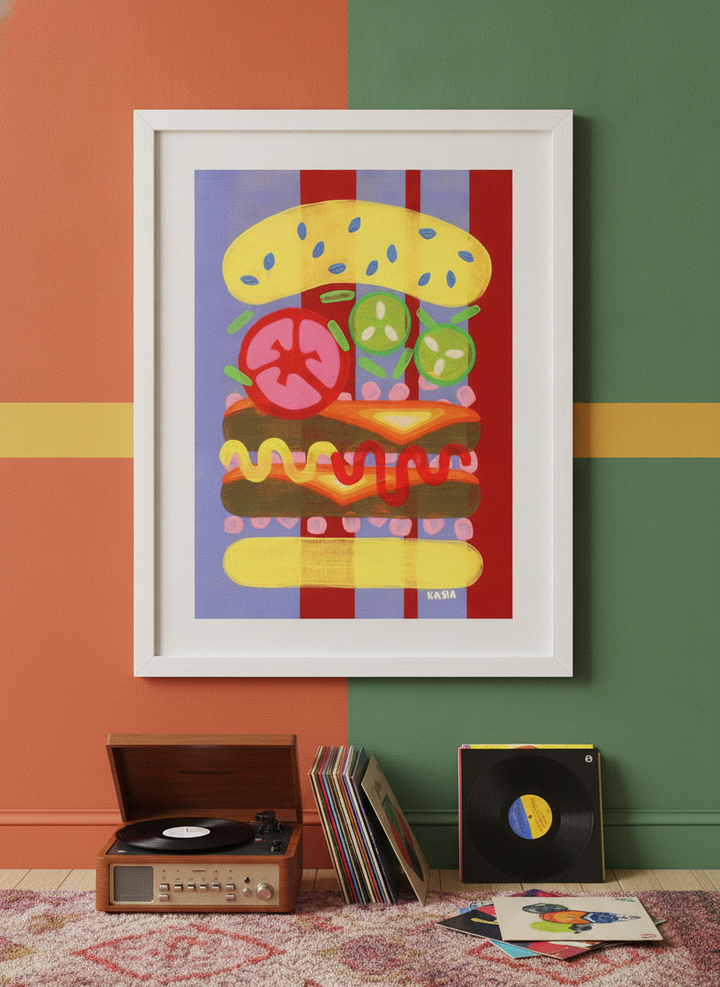 Bold wall art styled in a colourful, eclectic modern home