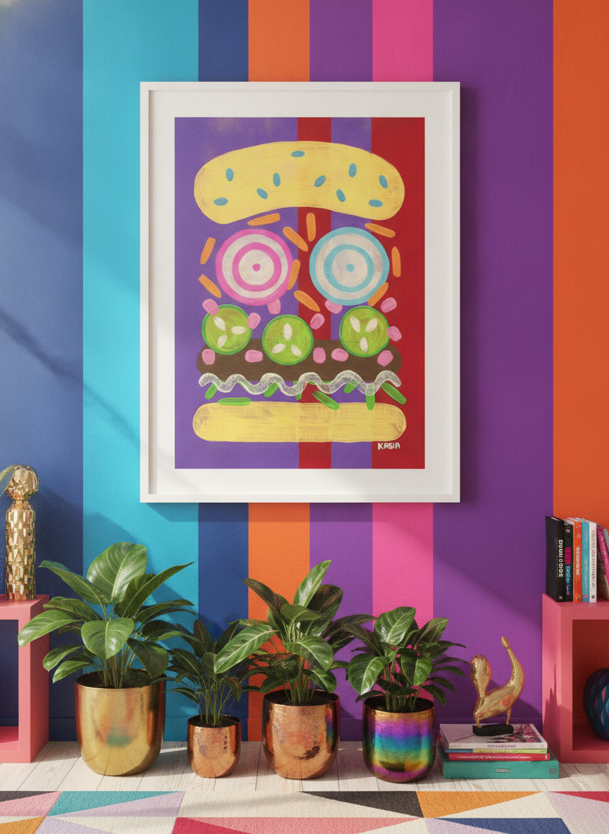 Bold wall art styled in a colourful, eclectic modern home