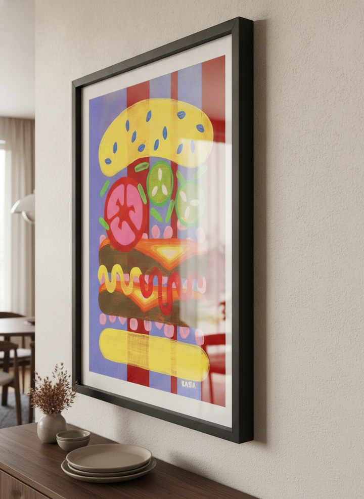 Wall art styled above a dining table in a contemporary home