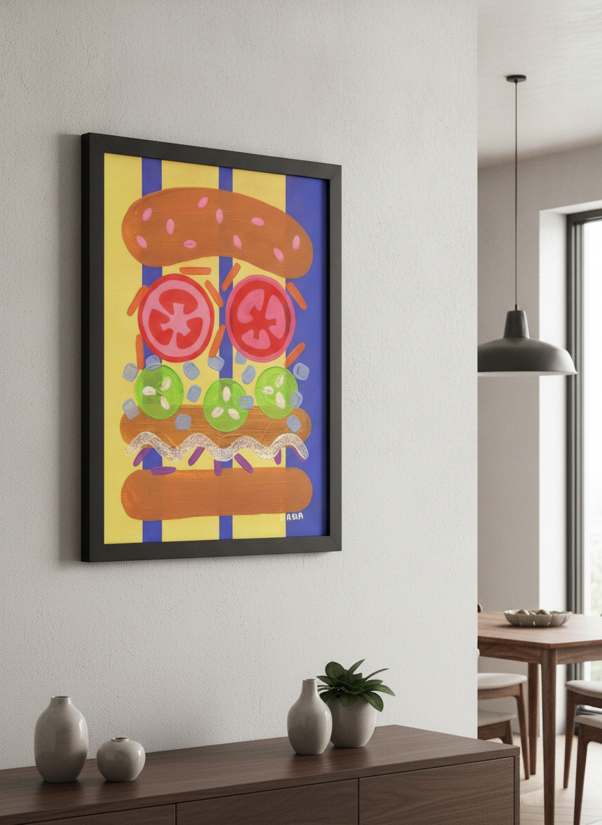 Wall art styled above a dining table in a contemporary home