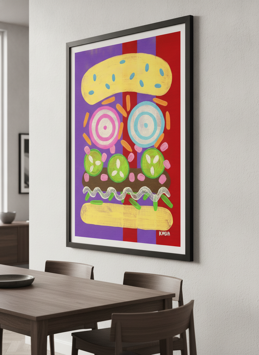 Wall art styled above a dining table in a contemporary home