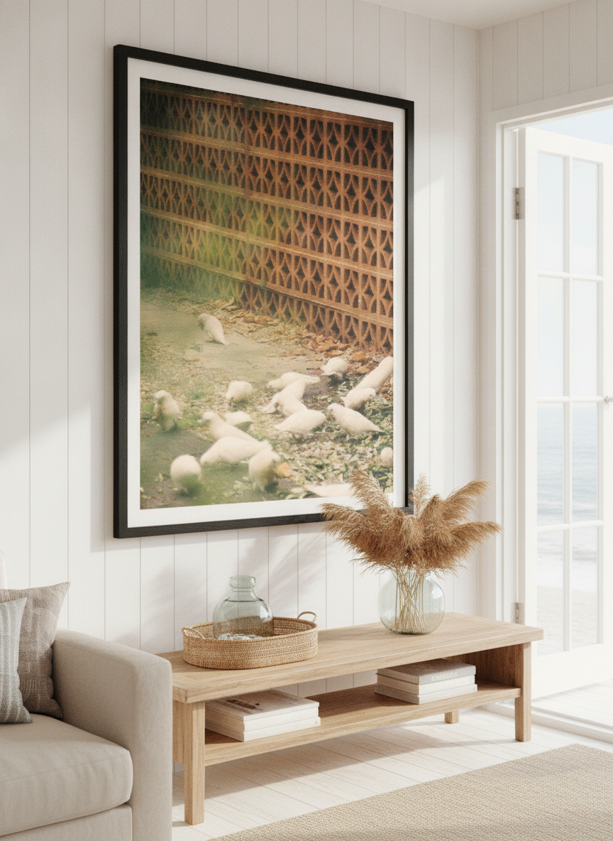 Neutral wall art displayed in a sunny coastal beach house
