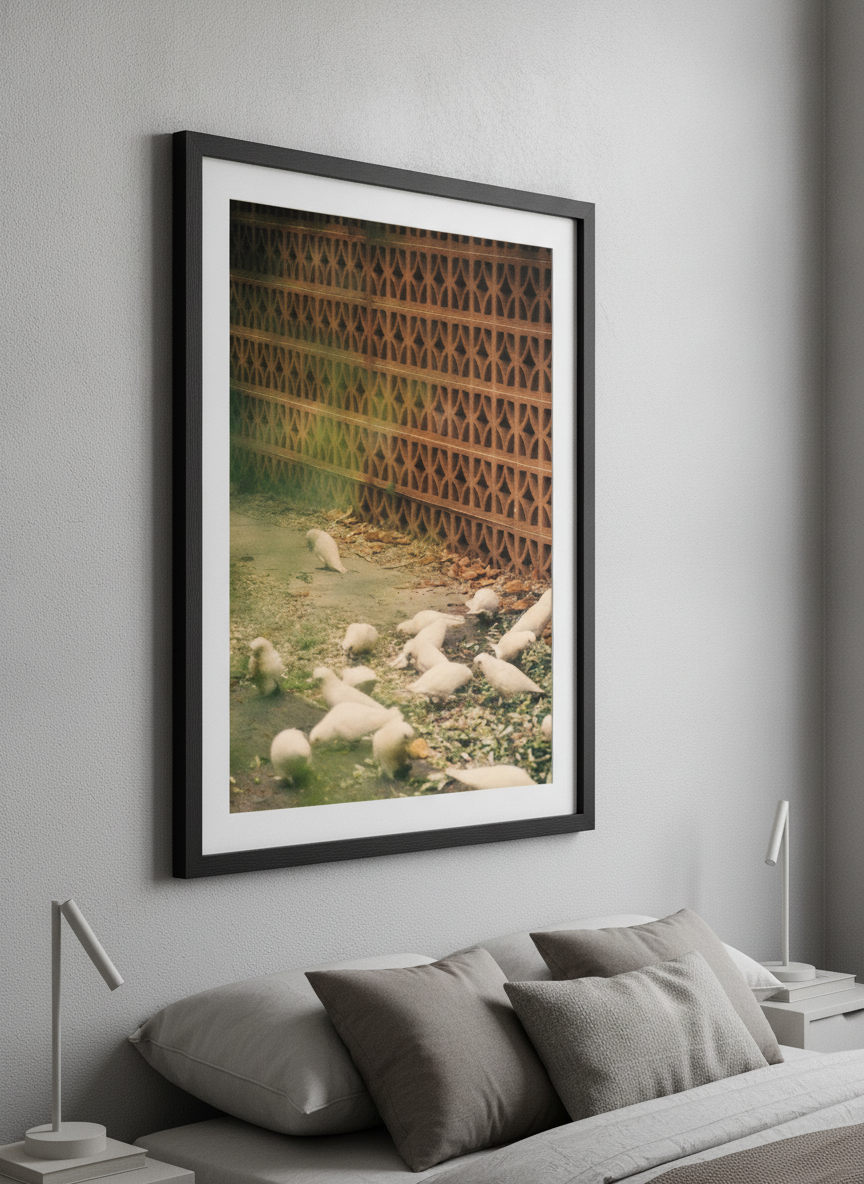 Minimalist artwork displayed in a calm, light-filled bedroom interior