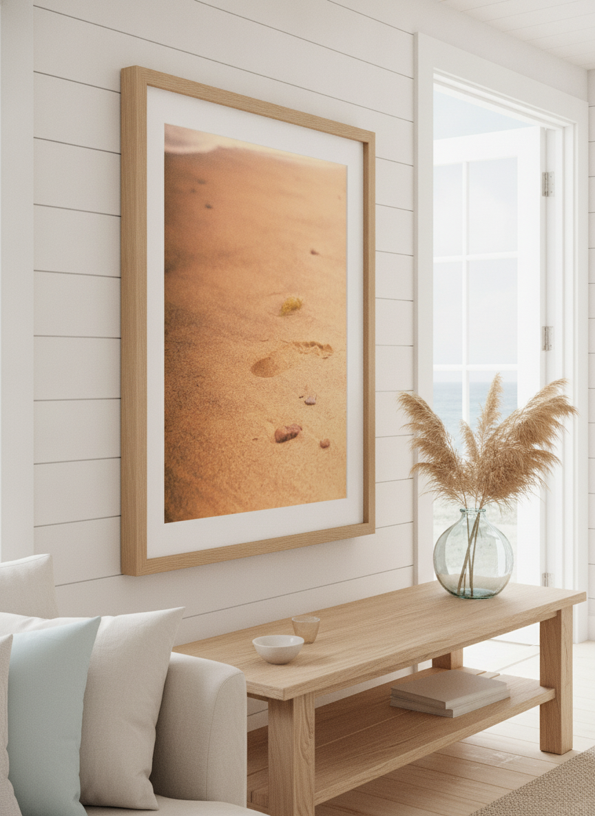 Neutral wall art displayed in a sunny coastal beach house