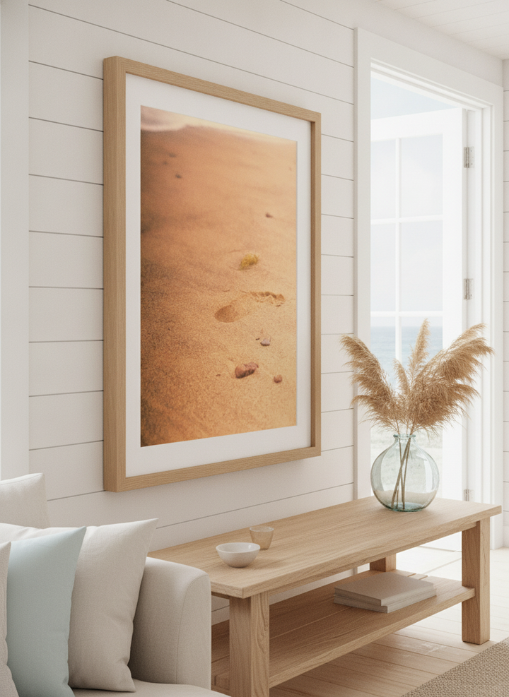 Neutral wall art displayed in a sunny coastal beach house