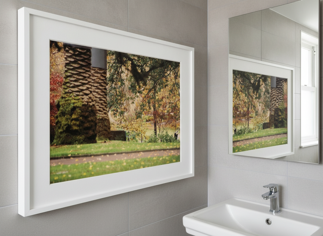 Modern print displayed in a clean minimalist bathroom setting