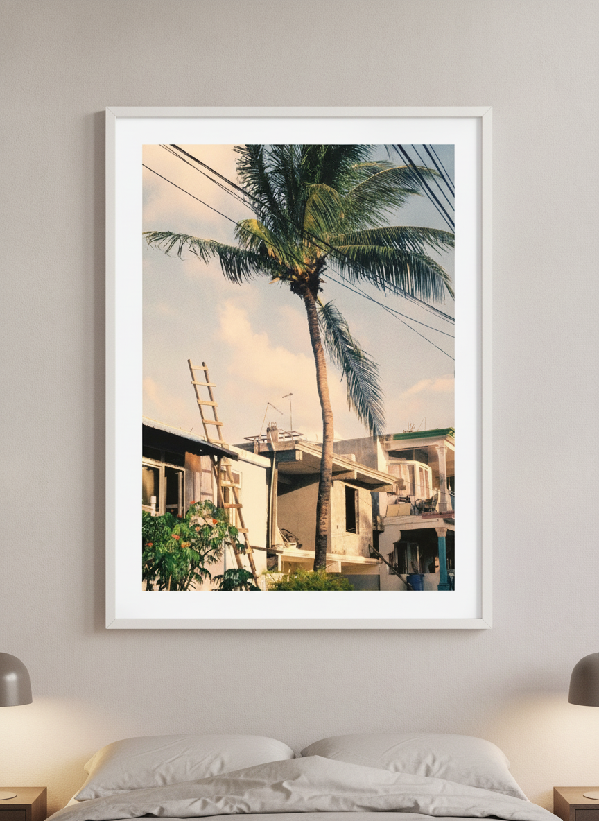 Minimalist artwork displayed in a calm, light-filled bedroom interior