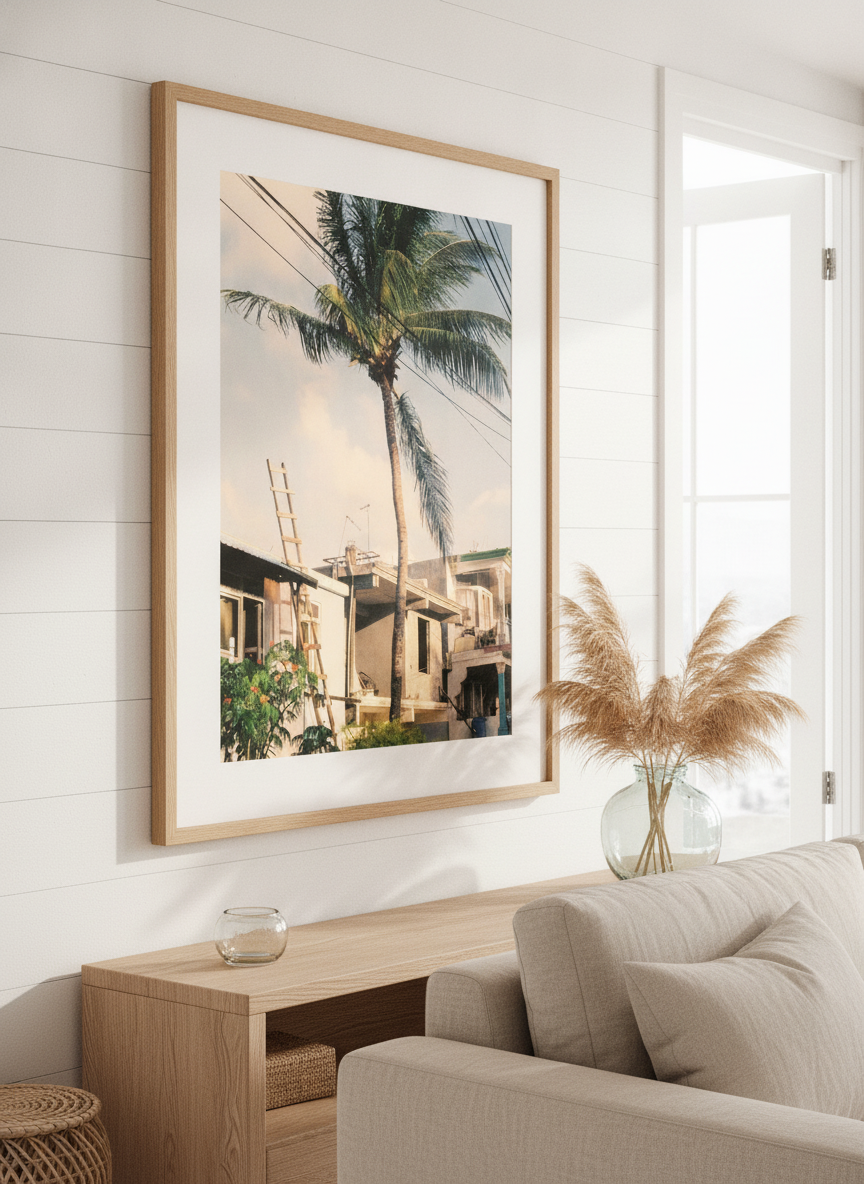 Neutral wall art displayed in a sunny coastal beach house