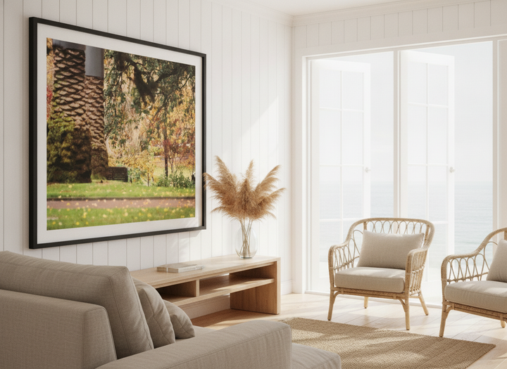 Neutral wall art displayed in a sunny coastal beach house