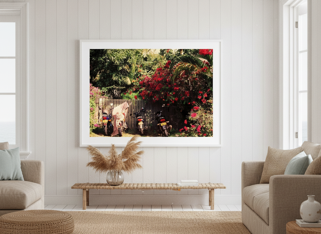 Neutral wall art displayed in a sunny coastal beach house