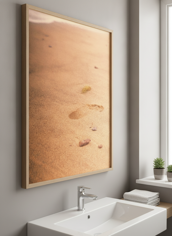 Modern print displayed in a clean minimalist bathroom setting