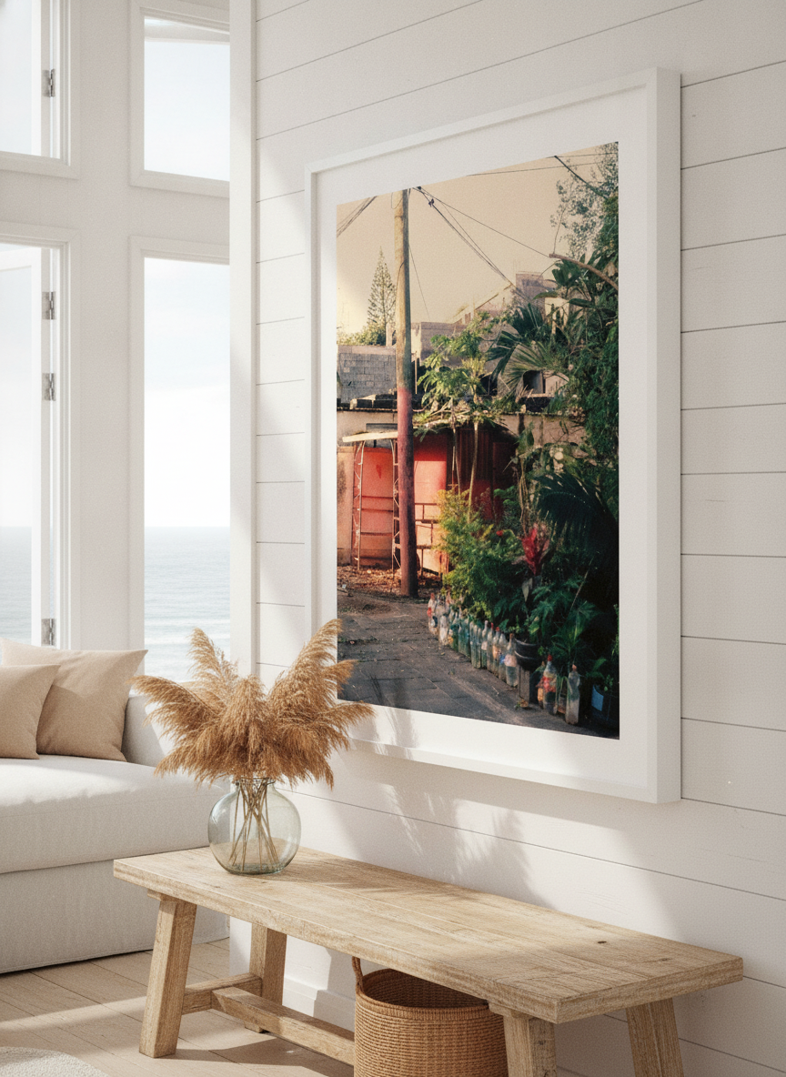 Neutral wall art displayed in a sunny coastal beach house