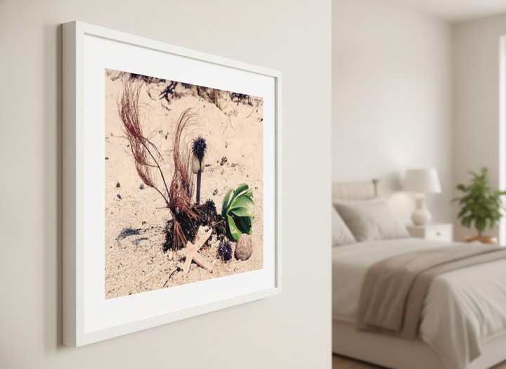 Minimalist artwork displayed in a calm, light-filled bedroom interior