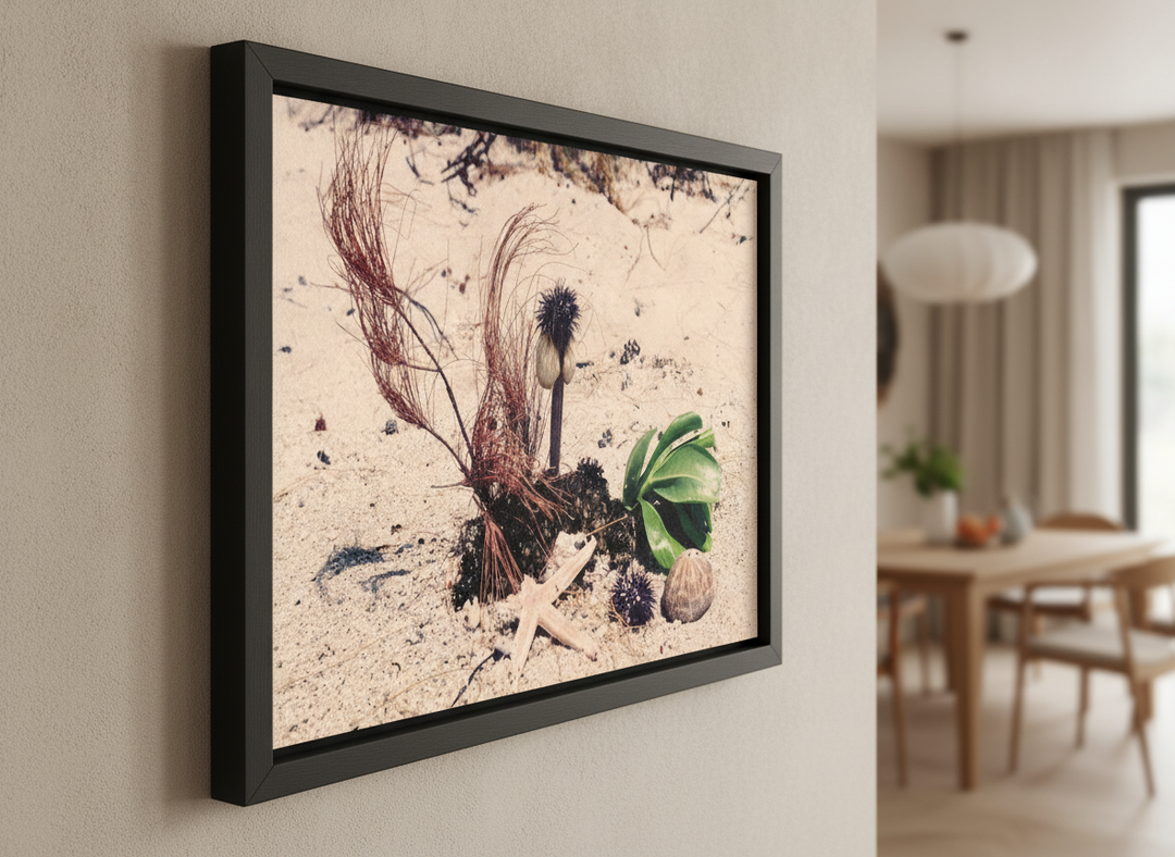 Wall art styled above a dining table in a contemporary home