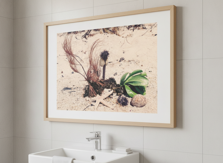 Modern print displayed in a clean minimalist bathroom setting