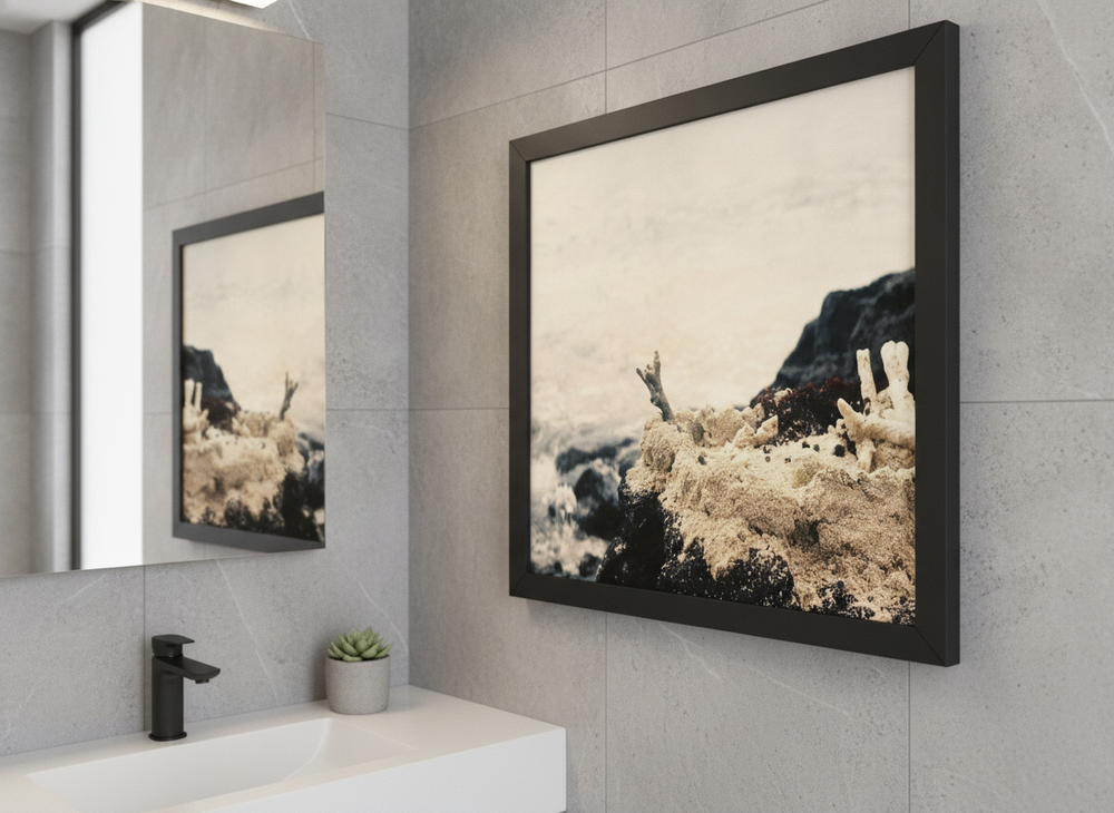 Modern print displayed in a clean minimalist bathroom setting