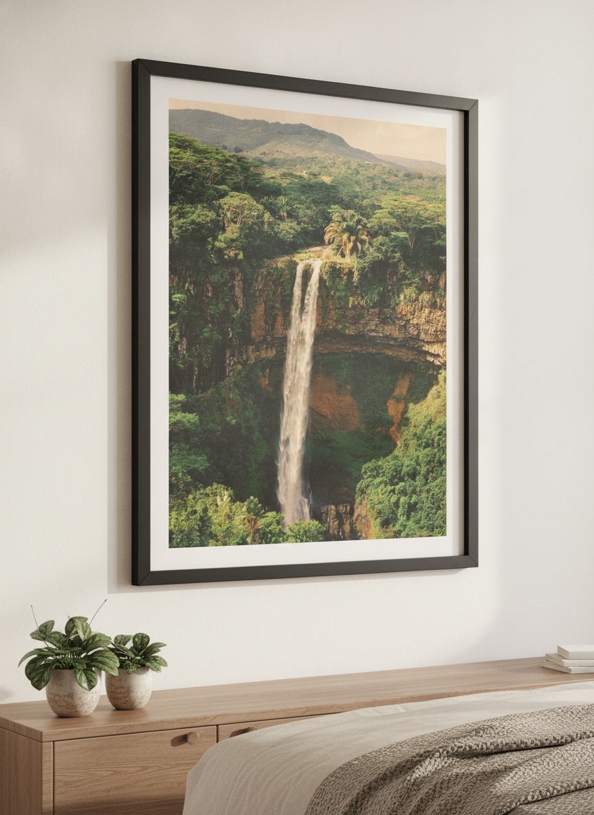 Minimalist artwork displayed in a calm, light-filled bedroom interior