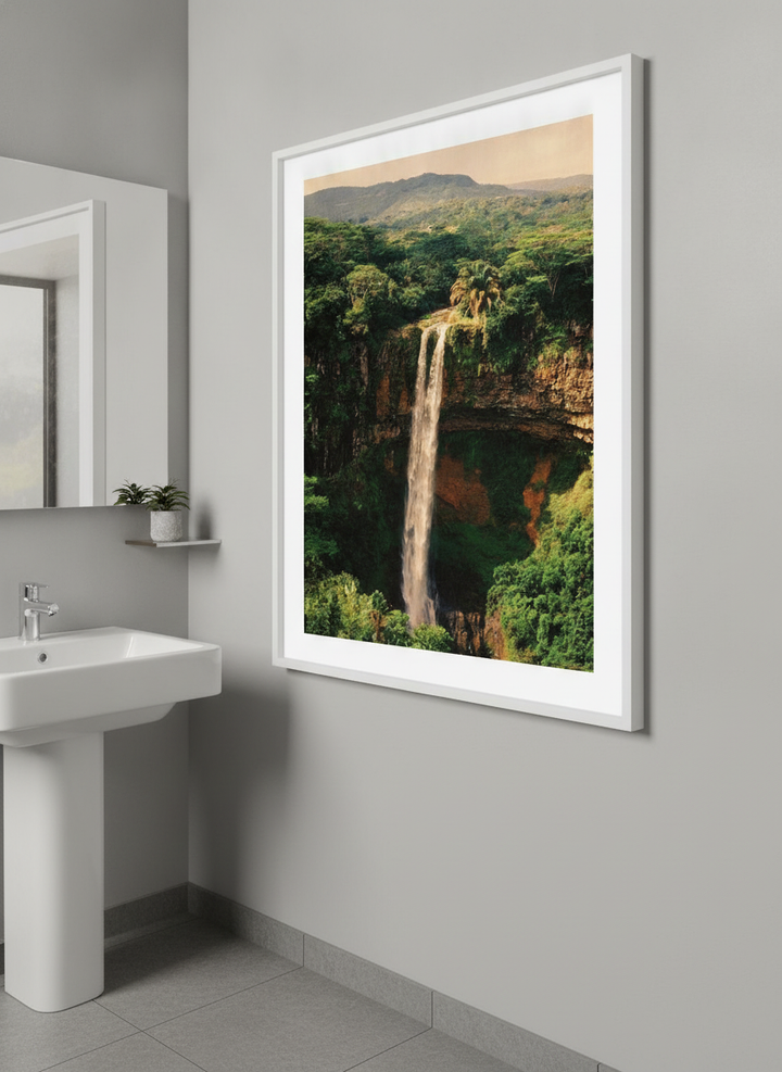 Modern print displayed in a clean minimalist bathroom setting