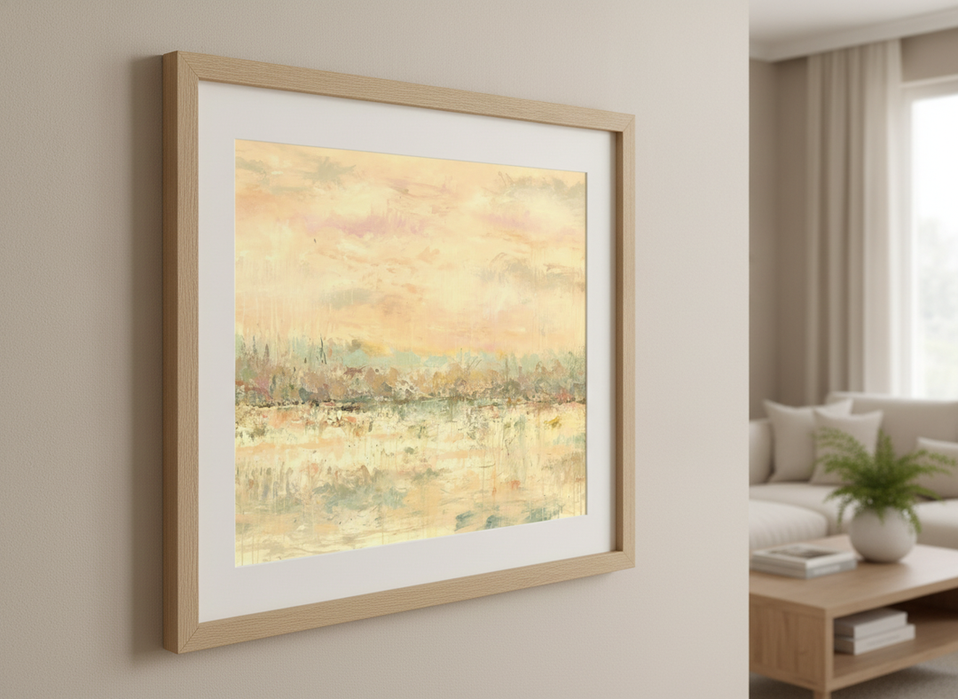 Modern wall art styled above a sofa in a neutral living room