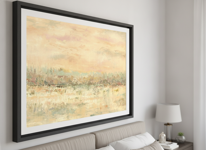 Minimalist artwork displayed in a calm, light-filled bedroom interior
