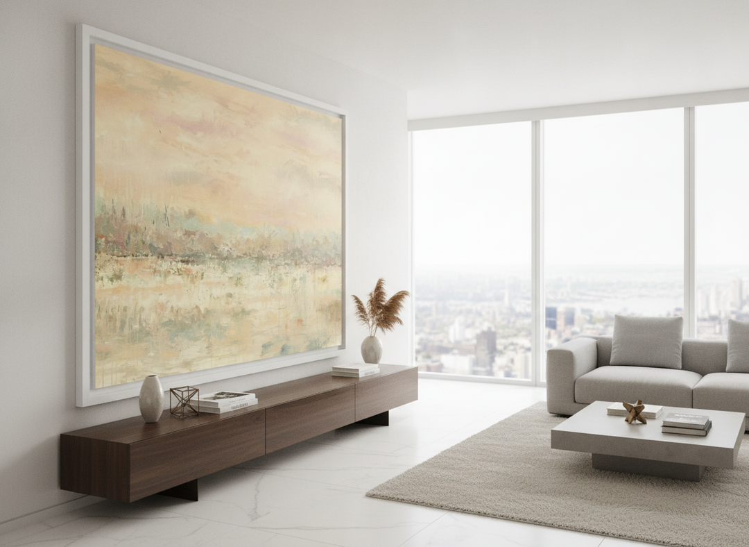 Monumental artwork centred on a feature wall in a luxe interior