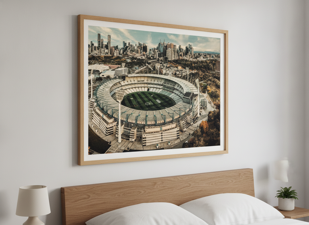 Minimalist artwork displayed in a calm, light-filled bedroom interior
