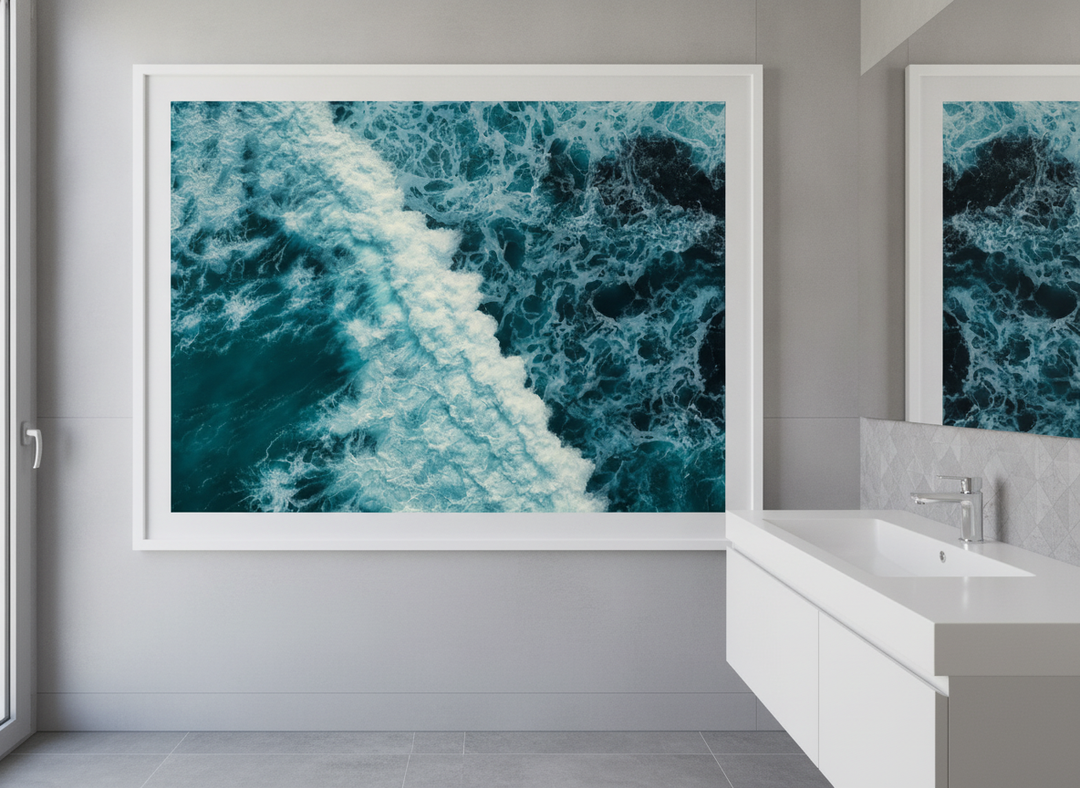 Modern print displayed in a clean minimalist bathroom setting